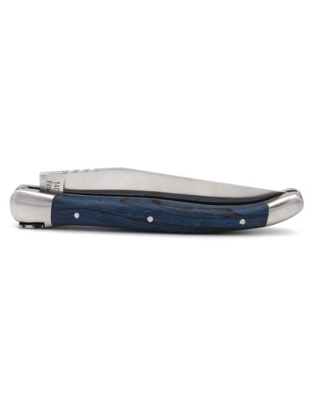 Laguiole pliant 11 cm, abeille motif dauphin, manche hêtre teinté bleu