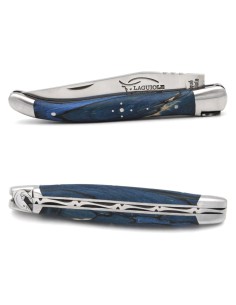 Laguiole pliant 11 cm, abeille motif dauphin, manche hêtre teinté bleu 2