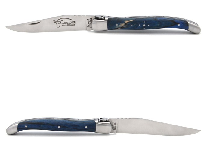 Laguiole knife 11 cm, bee with dolphin motif, blue-stained beech handle