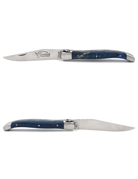 Laguiole pliant 11 cm, abeille motif dauphin, manche hêtre teinté bleu