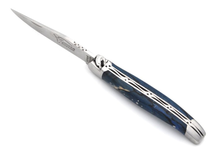 Laguiole pliant 11 cm, abeille motif dauphin, manche hêtre teinté bleu
