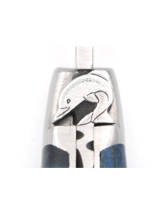 Laguiole pliant 11 cm, abeille motif dauphin, manche hêtre teinté bleu