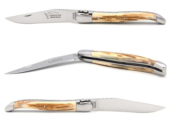 Laguiole pocket knife, forged bee, mammoth ivory with crust handle