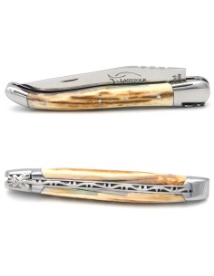 Laguiole pliant 12 cm, manche ivoire de mammouth avec croûte, abeille forgée