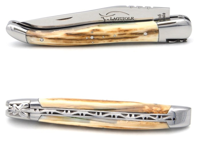 Laguiole pocket knife, forged bee, mammoth ivory with crust handle