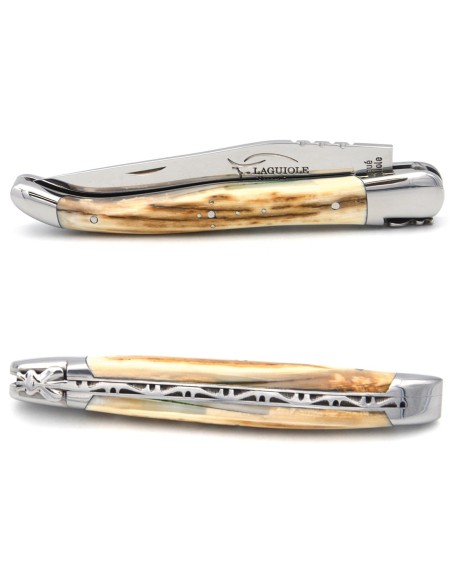 Laguiole pocket knife, forged bee, mammoth ivory with crust handle