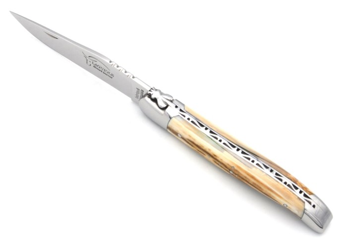 Laguiole pocket knife, forged bee, mammoth ivory with crust handle