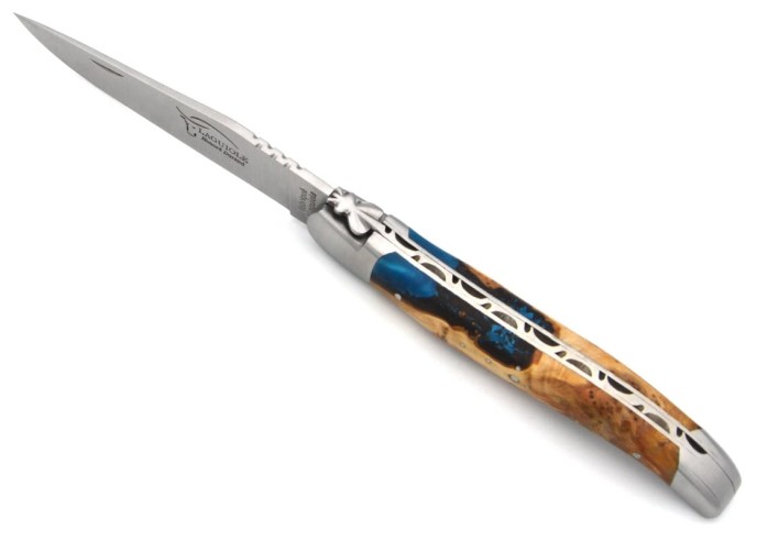 Laguiole messer 12cm, Griff aus Hybridholz Wacholder / Blaues Harz