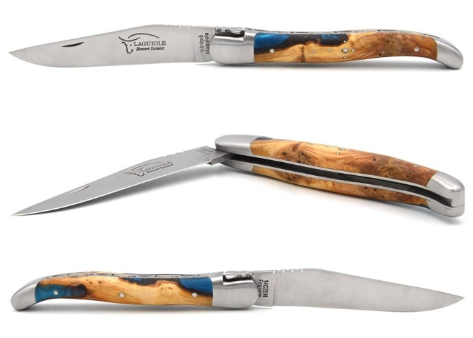 Laguiole messer 12cm, Griff aus Hybridholz Wacholder / Blaues Harz
