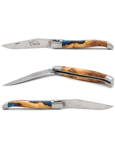 Laguiole messer 12cm, Griff aus Hybridholz Wacholder / Blaues Harz