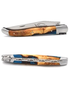 Laguiole pliant 12 cm, manche MBR - Genévrier / Résine bleue
