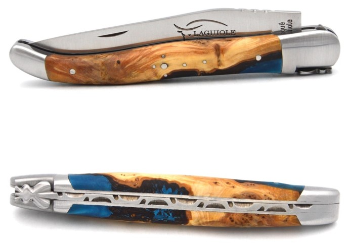 Laguiole knife 12 cm, Hybrid wood handle - Juniper / Blue resin