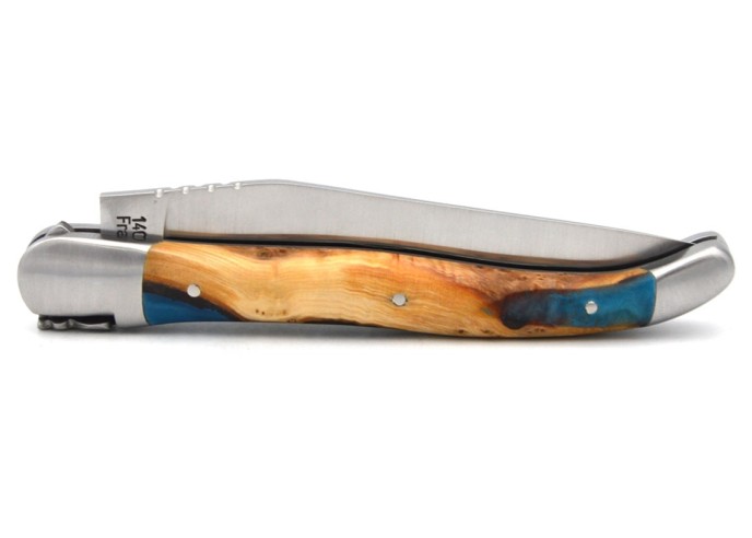 Laguiole messer 12cm, Griff aus Hybridholz Wacholder / Blaues Harz