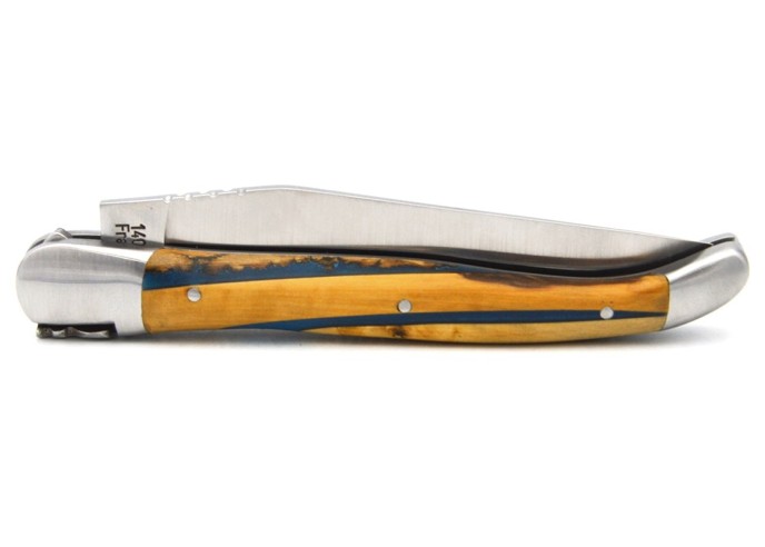 Laguiole pliant 12 cm, manche MBR - Buis / Résine bleue