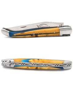 Laguiole pliant 12 cm, manche MBR - Buis / Résine bleue