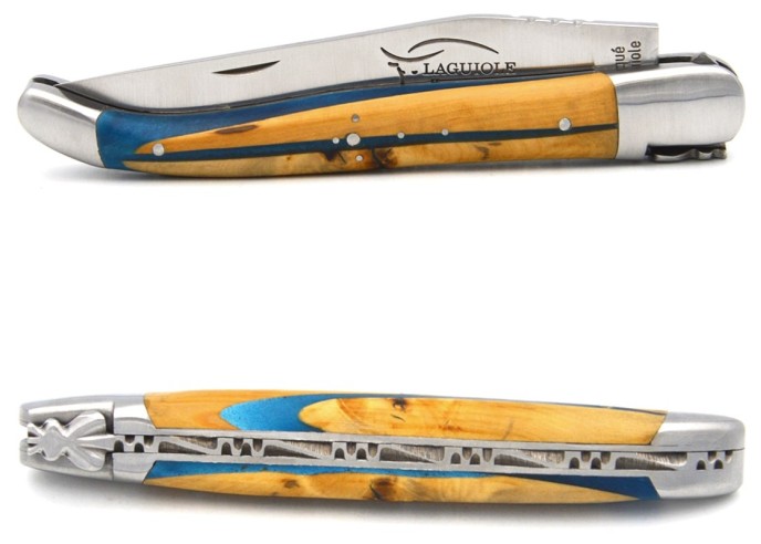 Laguiole pliant 12 cm, manche MBR - Buis / Résine bleue
