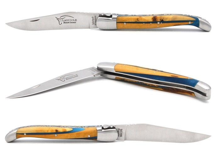 Laguiole pliant 12 cm, manche MBR - Buis / Résine bleue
