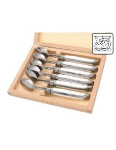 Laguiole tea spoons with shiny stainless steel bolsters. White Corian handles.Dishwasher safe.