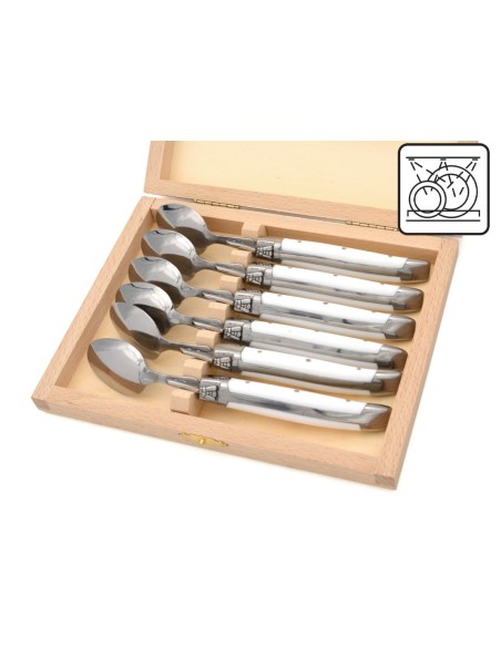 Laguiole tea spoons with shiny stainless steel bolsters. White Corian handles.Dishwasher safe.
