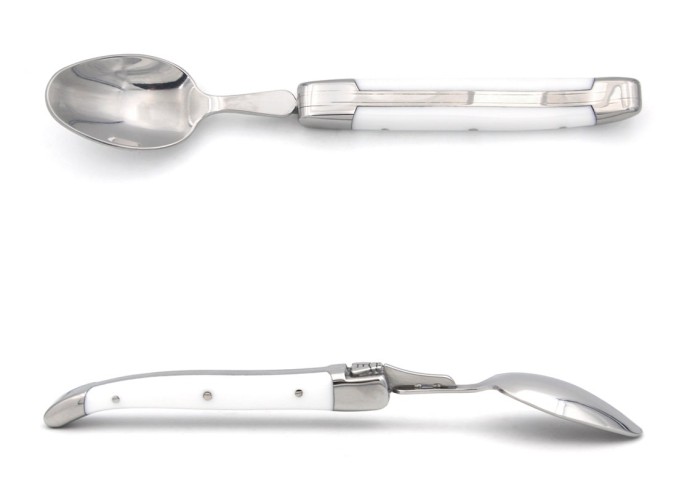 Laguiole tea spoons with shiny stainless steel bolsters. White Corian handles.Dishwasher safe.