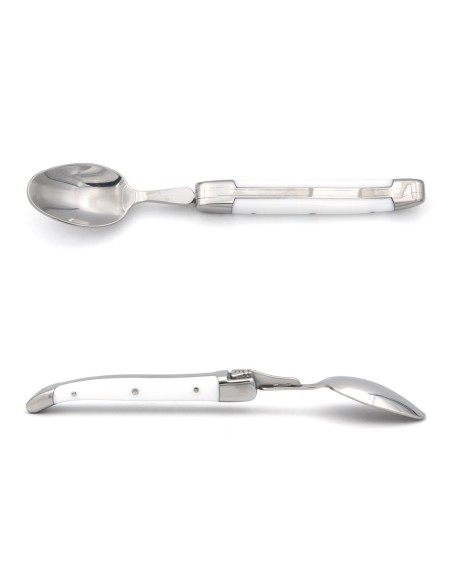 Laguiole tea spoons with shiny stainless steel bolsters. White Corian handles.Dishwasher safe.