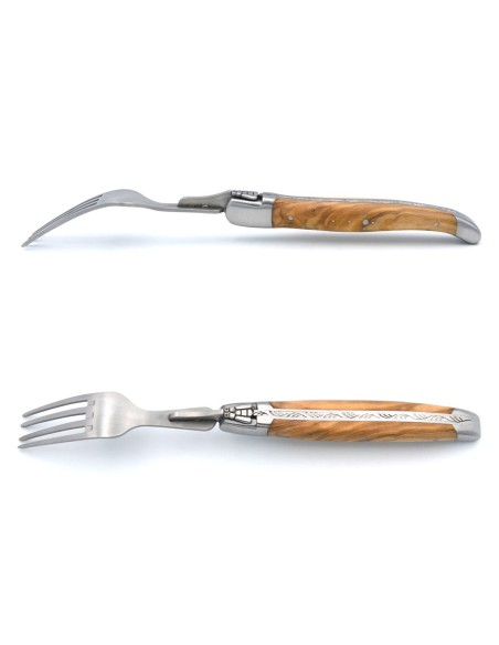 Laguiole forks with matt stainless steel bolsters. Olive wood handles