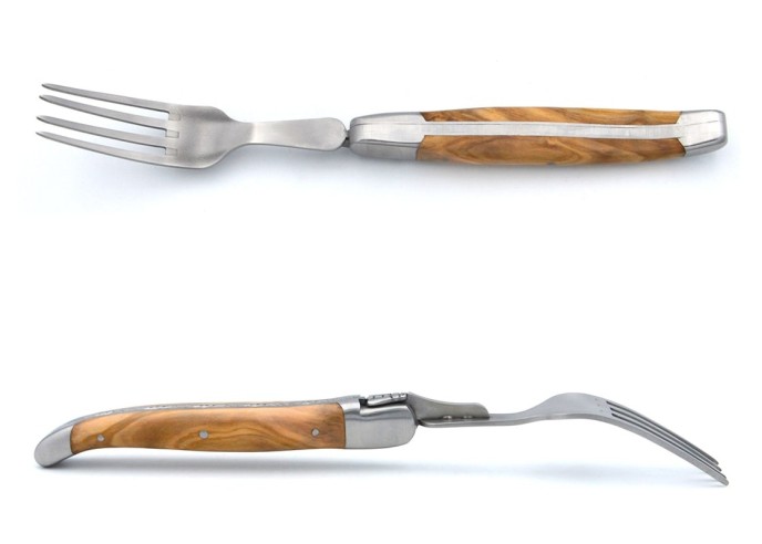 Laguiole forks with matt stainless steel bolsters. Olive wood handles
