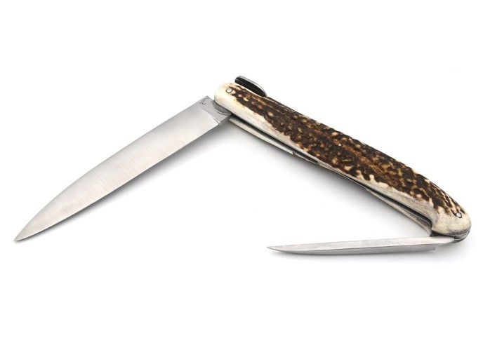 Laguiole "Antique" 21 cm, lame et poinçon, abeille lisse, bois de cerf