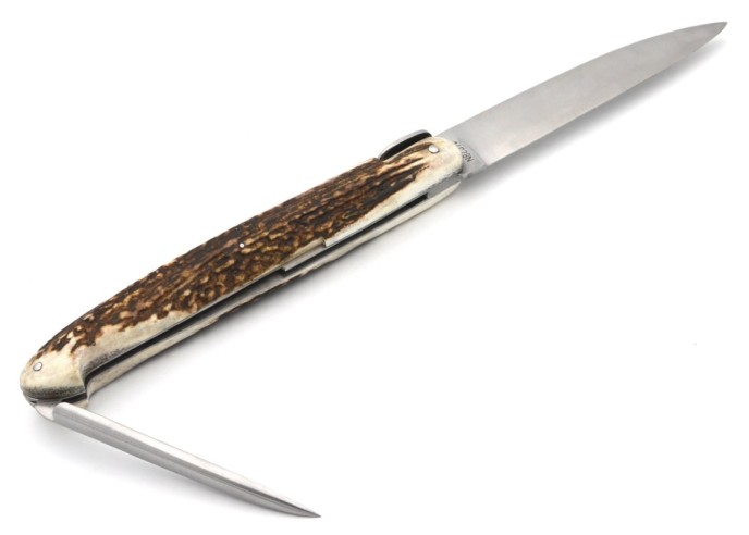 Laguiole "Antique" 21 cm, lame et poinçon, abeille lisse, bois de cerf
