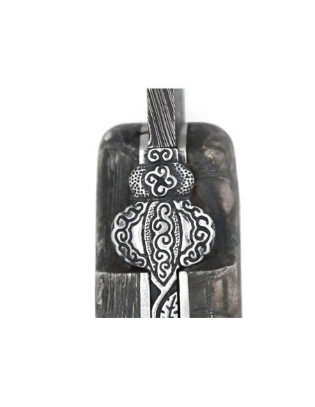Laguiole pliant, 12 cm, lame seule acier Damas "Sauvage", abeille et ressort ciselés burin, mitre avant en météorite