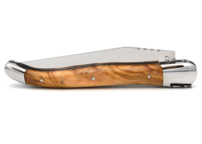 Laguiole Klappmesser, 12cm, Geschmiedete Biene, Heftbacken aus glänzendem Edelstahl, Griff aus Olivenholz