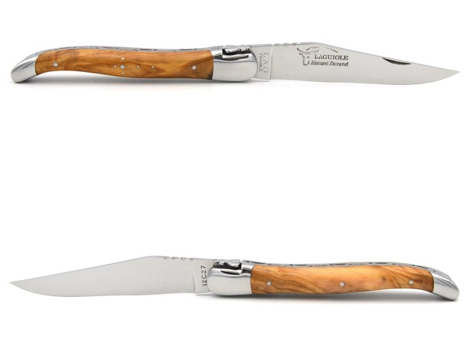 Laguiole pocket knife, 12 cm, forged bee, olive wood handle with shiny bolsters