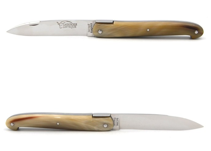 Laguiole Antique 12cm, plein manche inox brillant, pointe de corne claire
