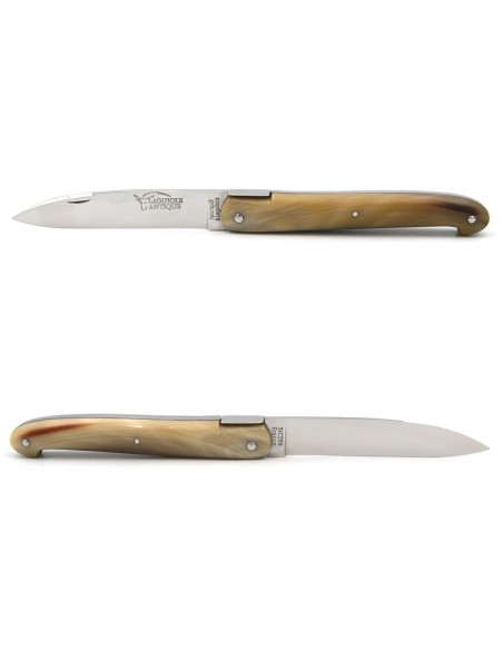 Laguiole Antique 12cm, plein manche inox brillant, pointe de corne claire