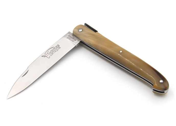 Laguiole Klappmesser "Antike", 11.5cm, glatte geschmiedete Biene, voller Griff, glänzendem Edelstahl,  Griff aus Hornspitze