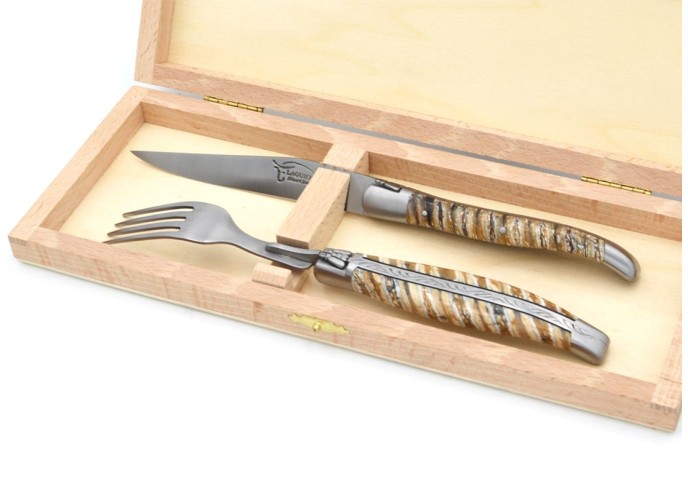 Set of 1 knife - 1 fork in beige mammoth molar, matt stainless steel