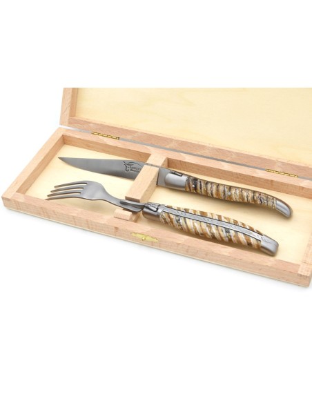 Set mit 1 Messer - 1 Gabel, breiter Griff aus Mammutstoßzahn, Beige