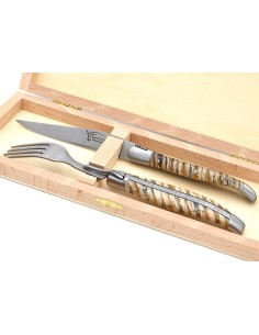 Set mit 1 Messer - 1 Gabel, breiter Griff aus Mammutstoßzahn, Beige