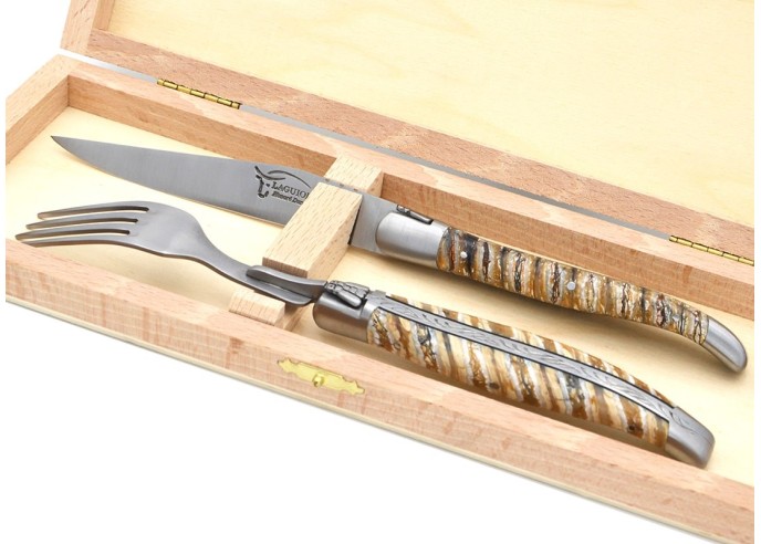 Set mit 1 Messer - 1 Gabel, breiter Griff aus Mammutstoßzahn, Beige