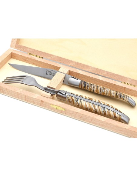 Set mit 1 Messer - 1 Gabel, breiter Griff aus Mammutstoßzahn, Beige