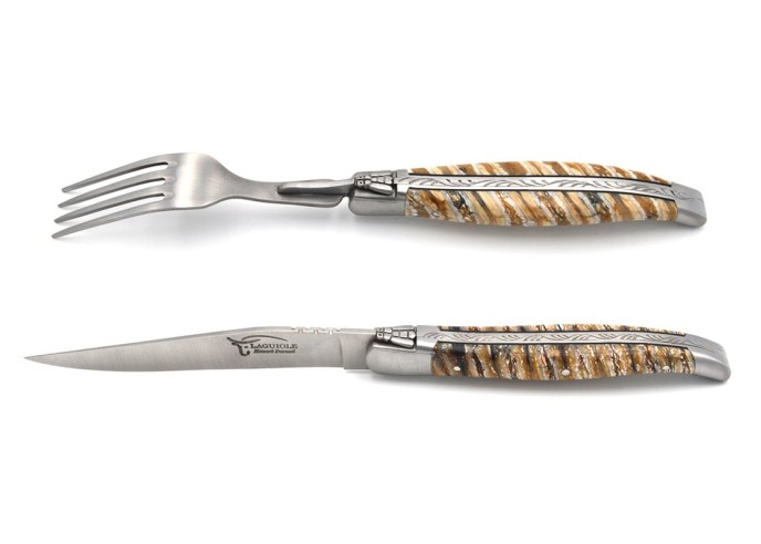 Set of 1 knife - 1 fork in beige mammoth molar, matt stainless steel