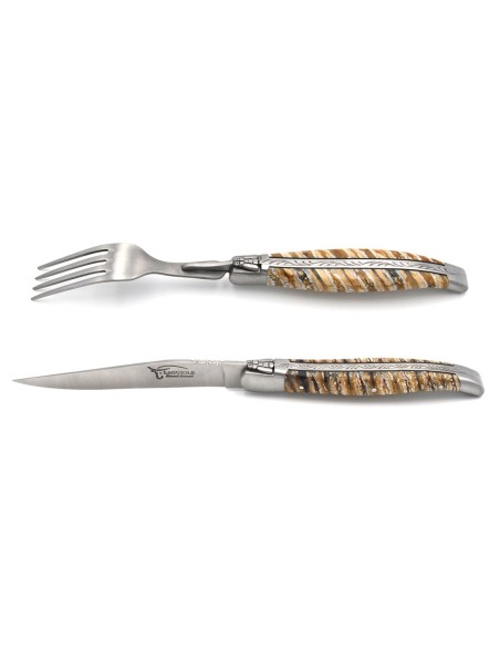Set of 1 knife - 1 fork in beige mammoth molar, matt stainless steel