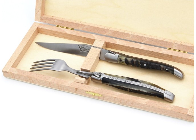 Set mit 1 Messer - 1 Gabel, Griff aus Widderhorn, mattem Edelstahl
