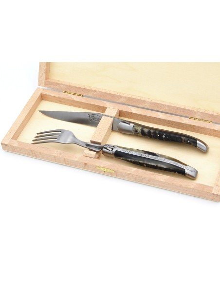 Set mit 1 Messer - 1 Gabel, Griff aus Widderhorn, mattem Edelstahl