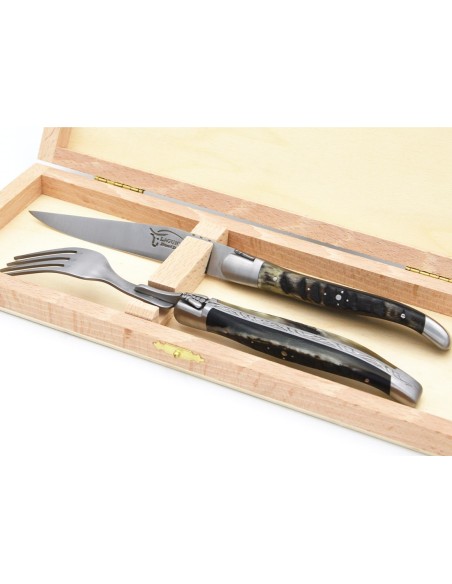 Set mit 1 Messer - 1 Gabel, Griff aus Widderhorn, mattem Edelstahl