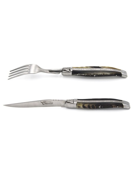 Set mit 1 Messer - 1 Gabel, Griff aus Widderhorn, mattem Edelstahl