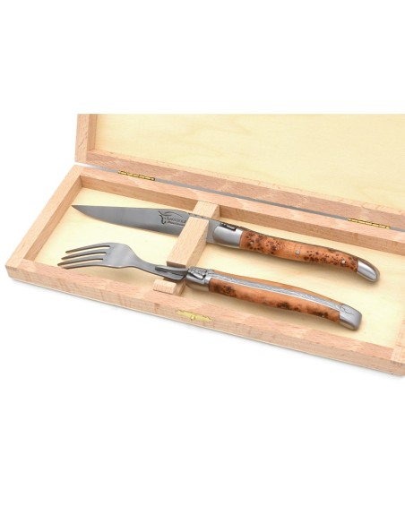 Coffret 1 couteau - 1 fourchette en genévrier, finition inox mat
