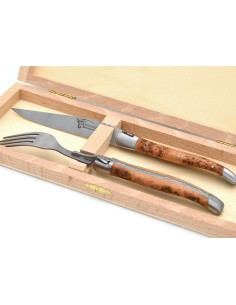 Coffret 1 couteau - 1 fourchette en genévrier, finition inox mat