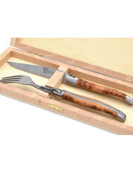 Coffret 1 couteau - 1 fourchette en genévrier, finition inox mat