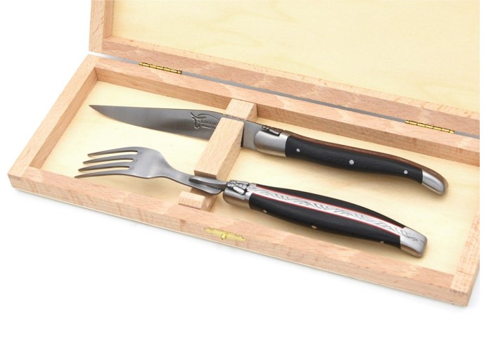 Set mit 1 Messer - 1 Gabel, Ebenholz & rot Vulkanfiber